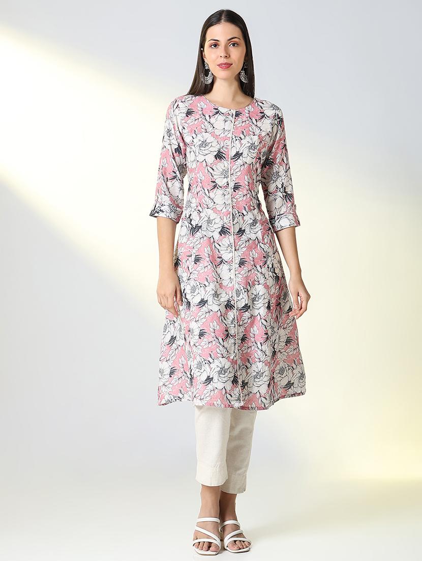 women pink floral printed a-line kurta - 21682144 - Standard Image - 1