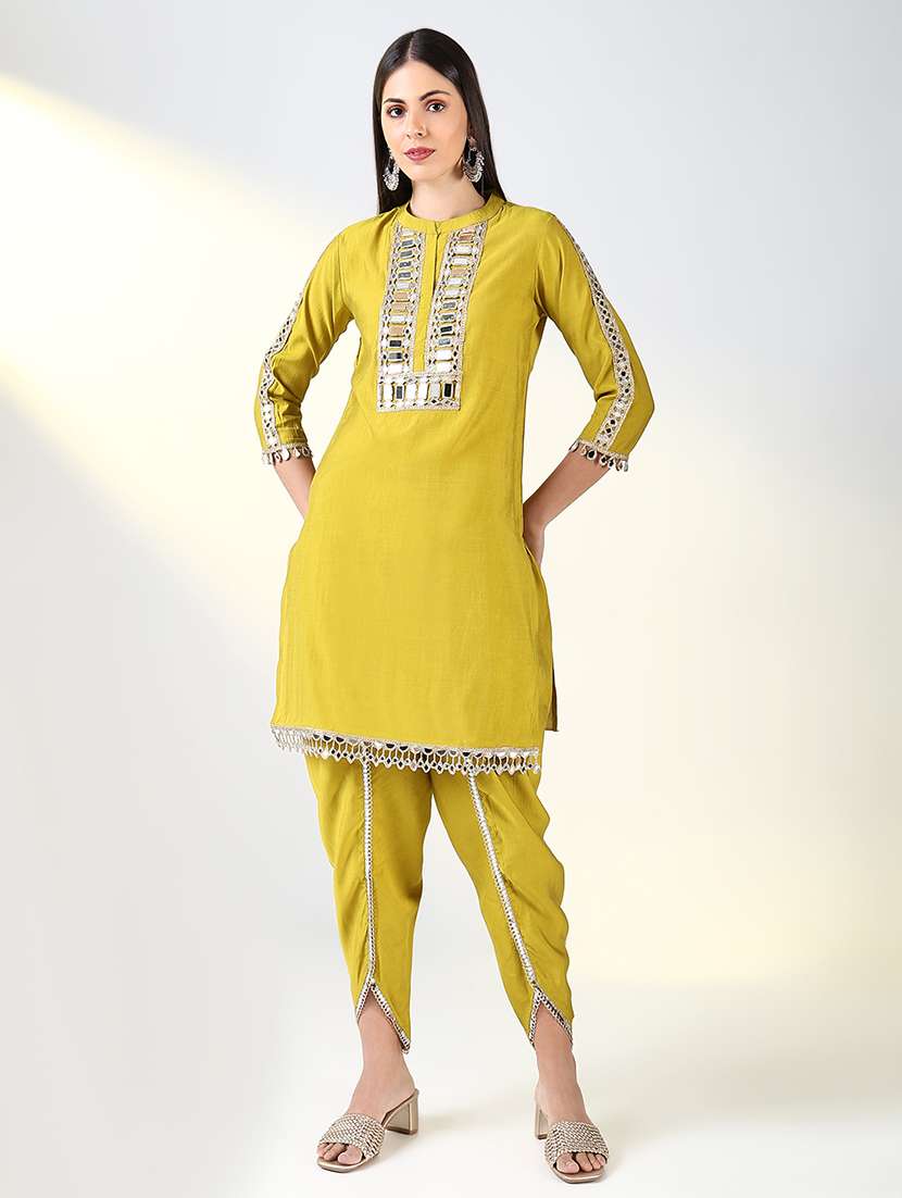 women lime mirror work dhoti kurta set - 21682160 -  Standard Image - 1