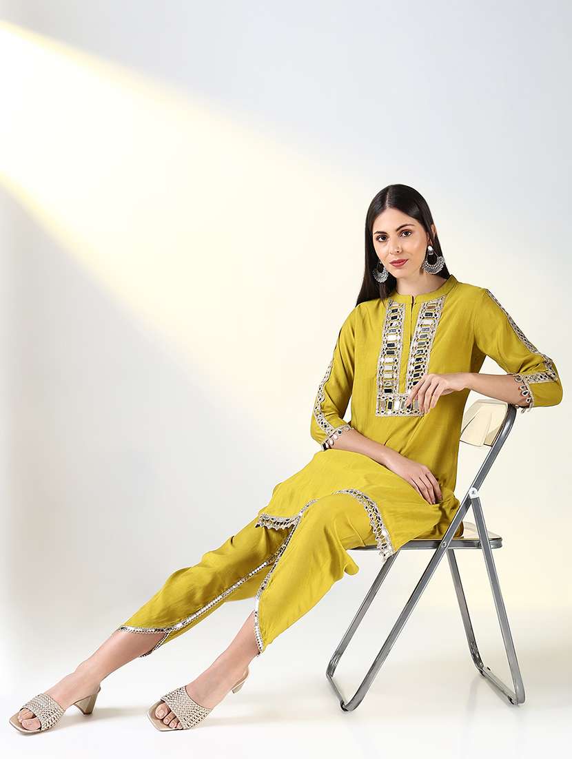 women lime mirror work dhoti kurta set - 21682160 -  Standard Image - 4