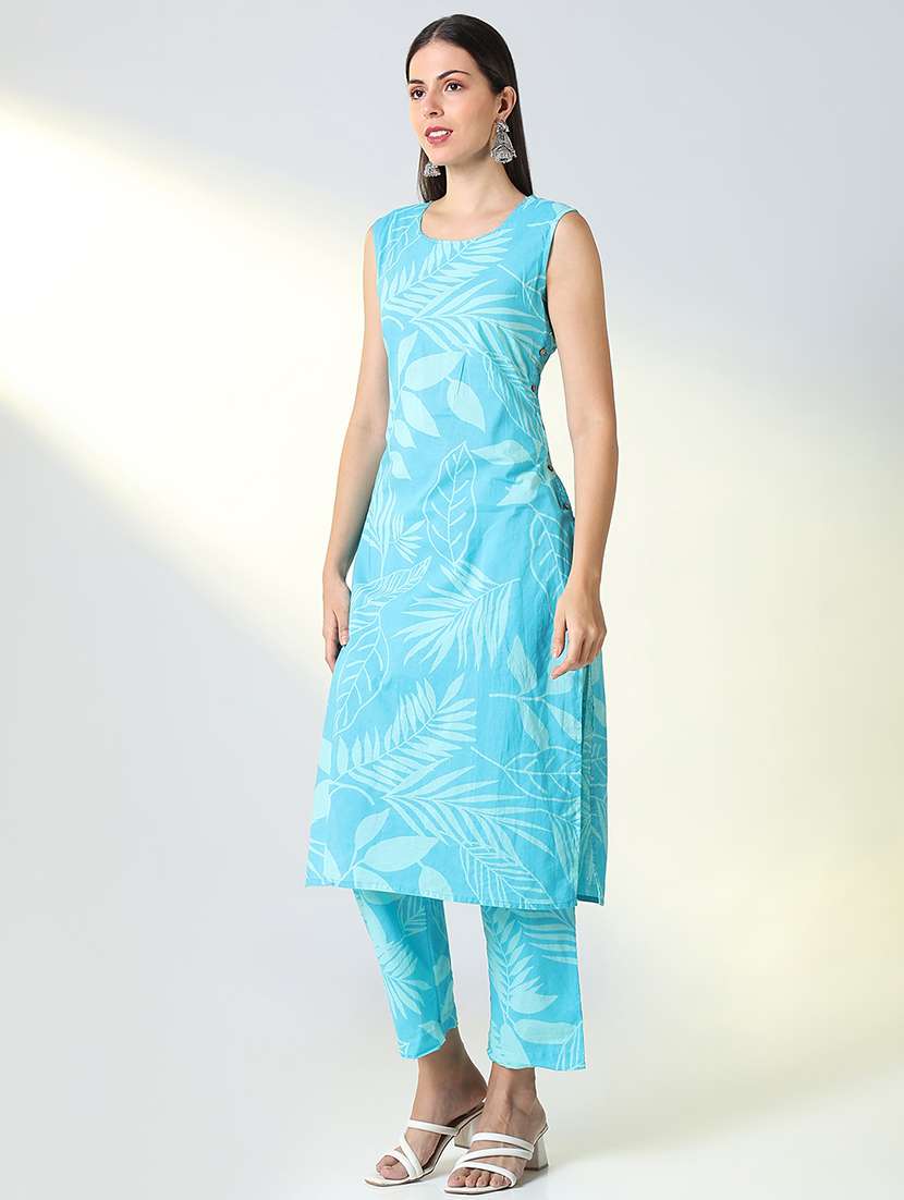 women light blue printed round neck kurta pant set - 21682177 -  Standard Image - 1