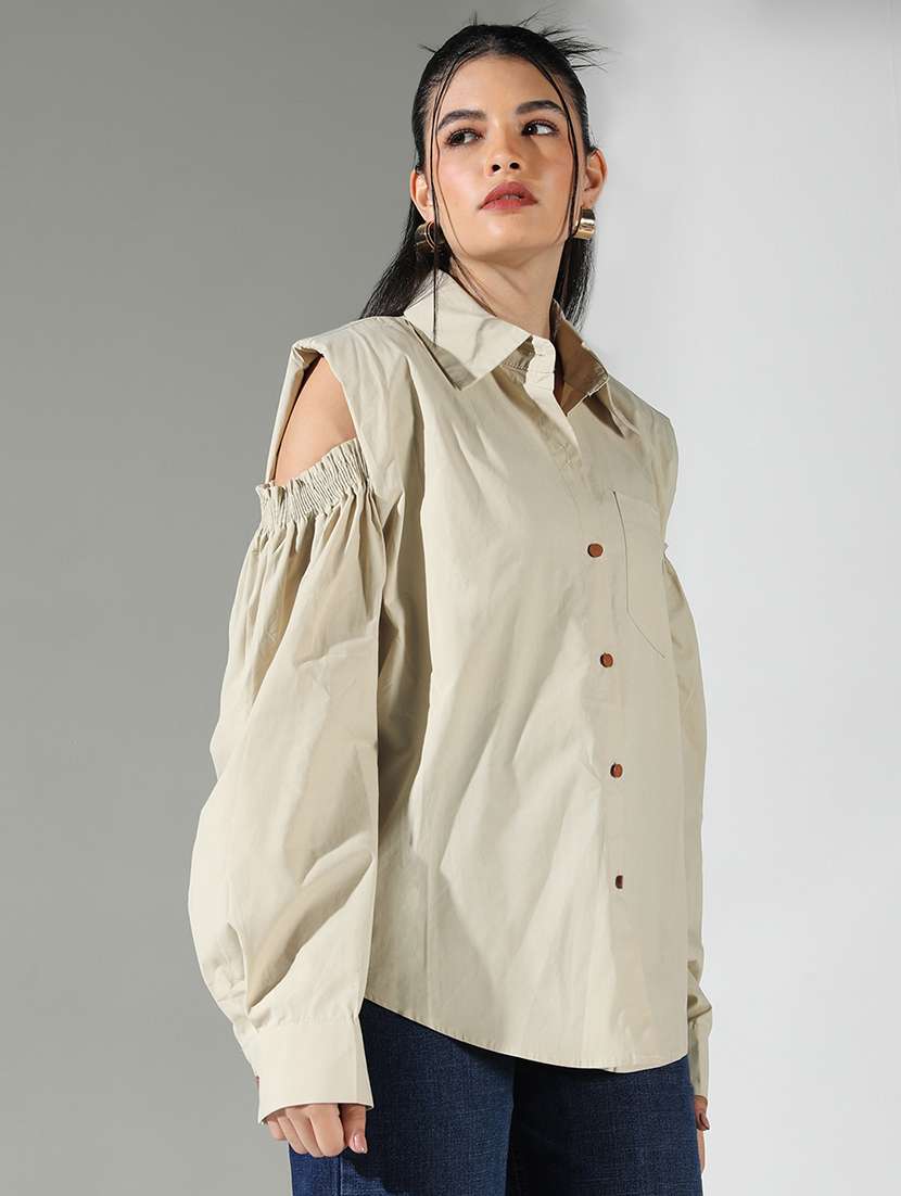 women solid spread collar neck shirt - 21682210 -  Standard Image - 1