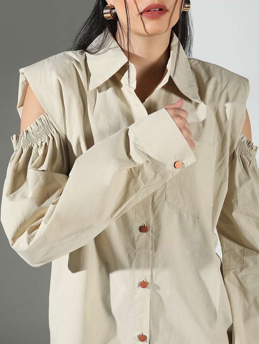 women solid spread collar neck shirt - 21682210 -  Standard Image - 4