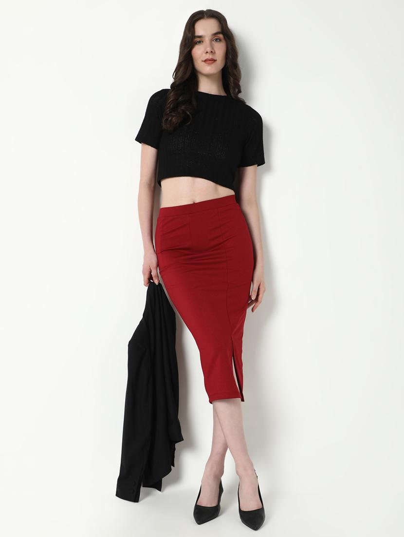 women red solid pencil skirt - 21682211 - Standard Image - 4