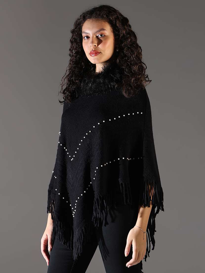 women black fur detailed embellished poncho - 21682218 -  Standard Image - 1