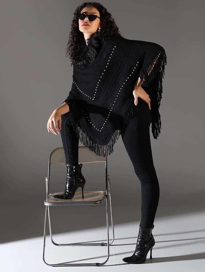 women black fur detailed embellished poncho - 21682218 -  Standard Image - 4