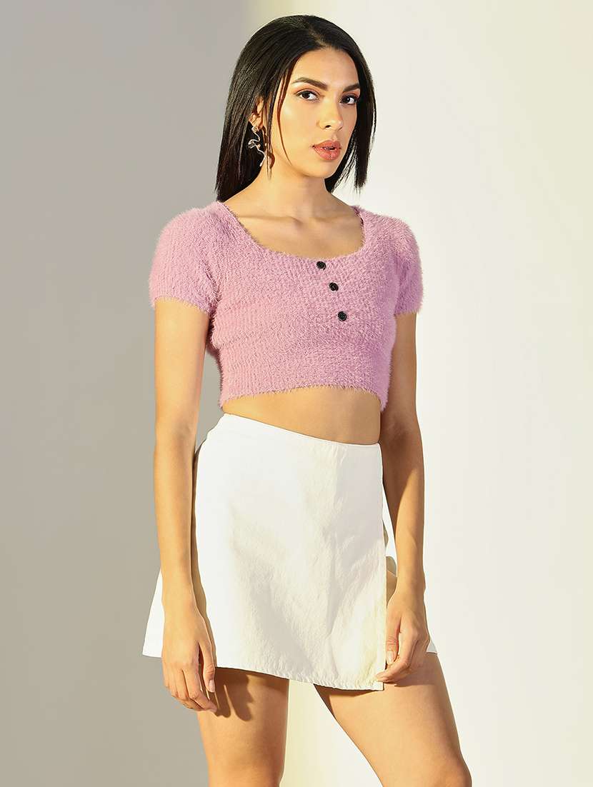 women solid short sleeves crop top - 21682230 -  Standard Image - 1