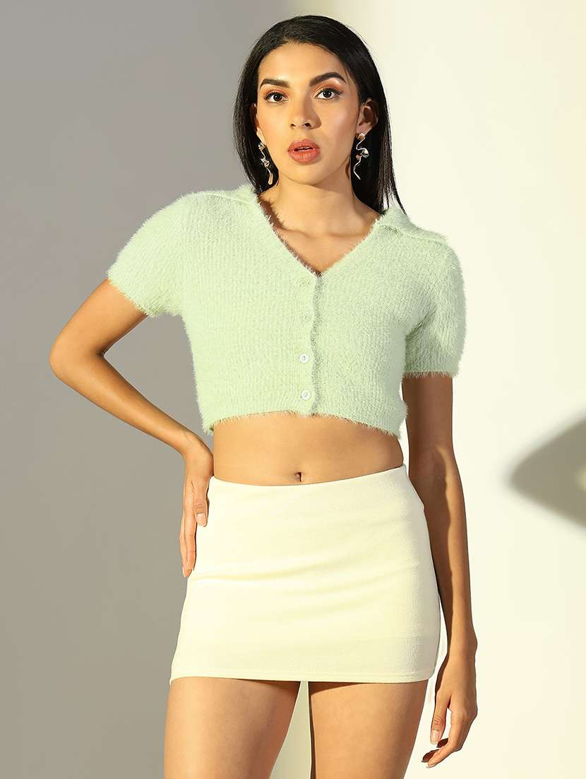 women solid short sleeves crop top