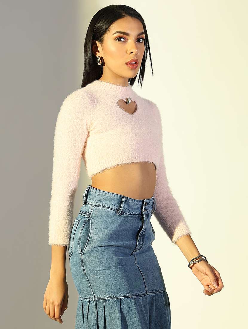 women pink solid long sleeve crop top - 21682242 - Standard Image - 1