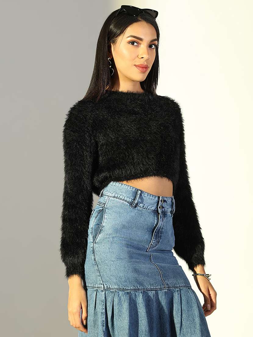 women black solid long sleeve crop top - 21682245 - Standard Image - 1
