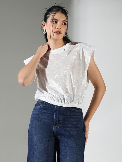 women grey self design round neck crop top - 21682247 -  Standard Image - 0