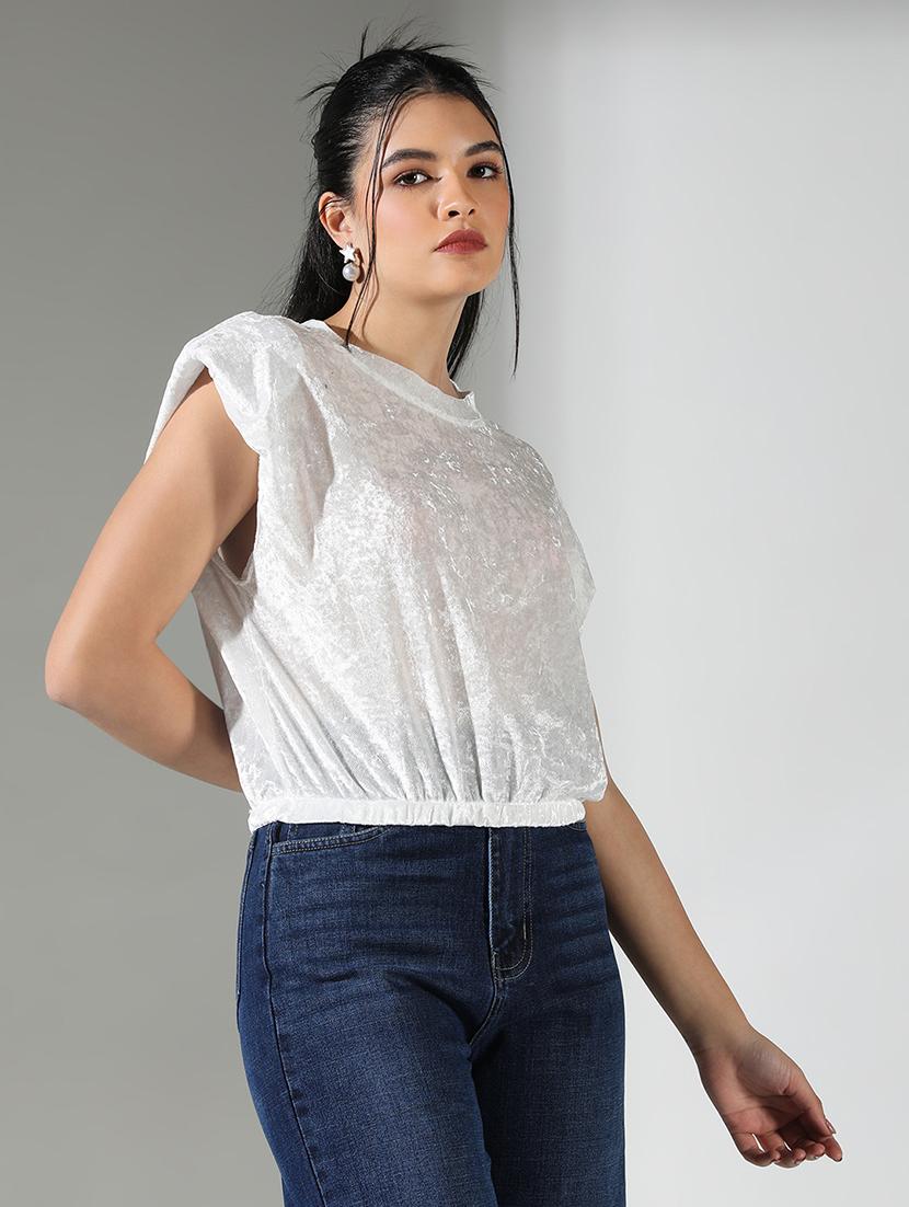 women grey self design round neck crop top - 21682247 -  Standard Image - 1