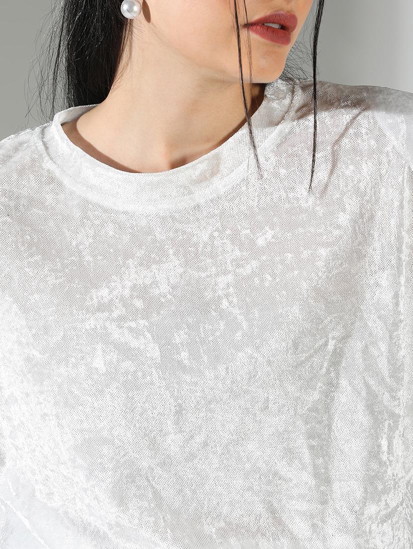 women grey self design round neck crop top - 21682247 - Standard Image - 6