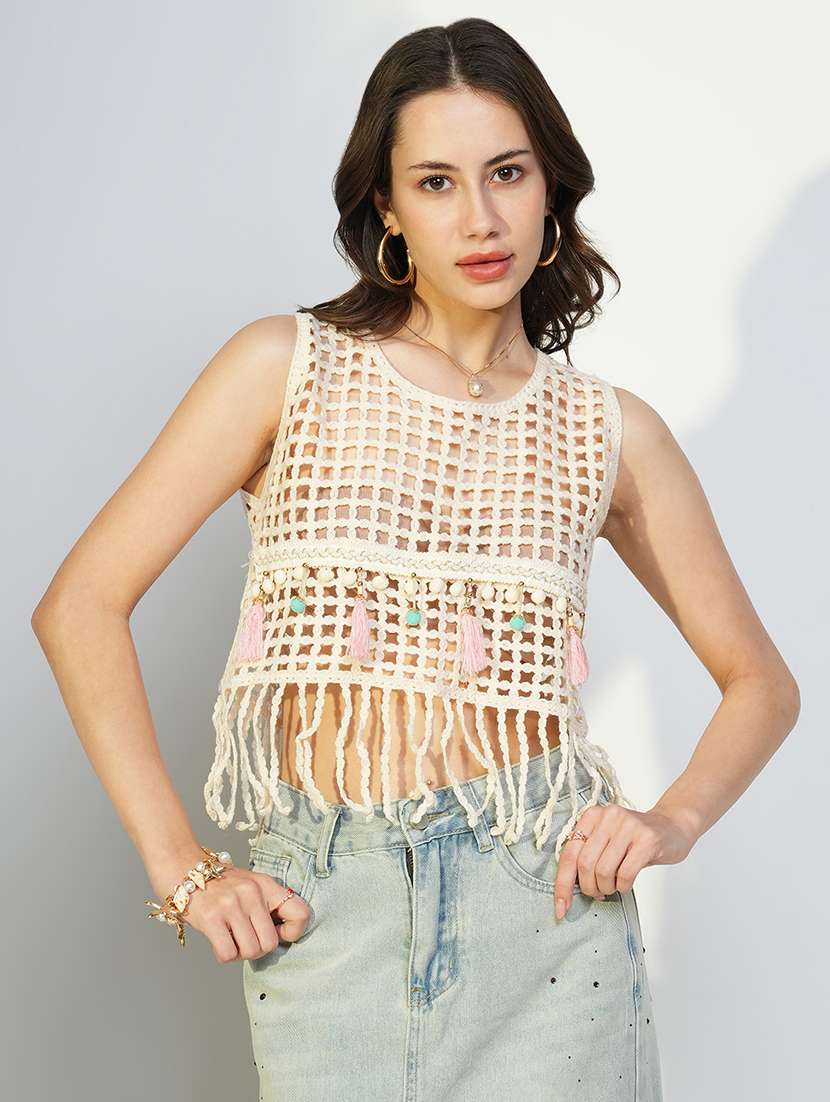 women self design crochet work crop top