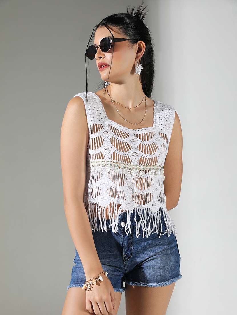 women self design crochet work crop top - 21682251 -  Zoom Image - 0