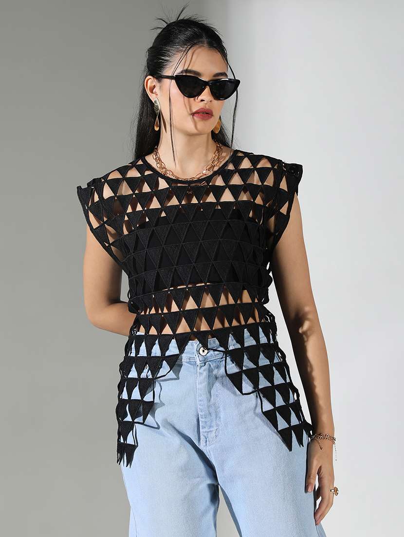 women black solid sleeveless cutwork top - 21682256 -  Standard Image - 1