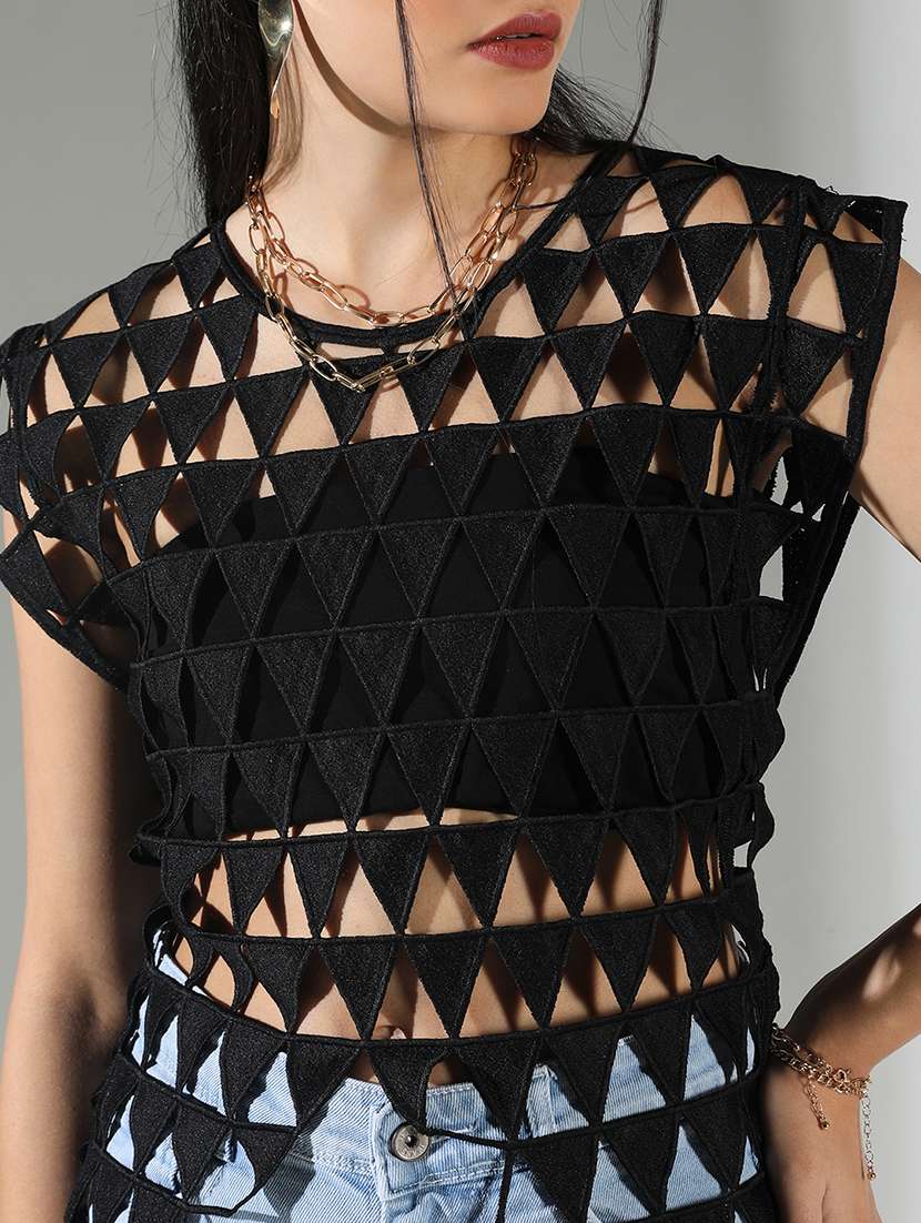 women black solid sleeveless cutwork top - 21682256 -  Standard Image - 6