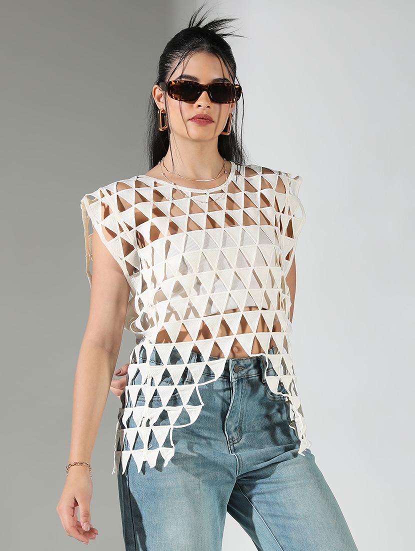 women off white solid sleeveless cutwork top - 21682258 - Standard Image - 1
