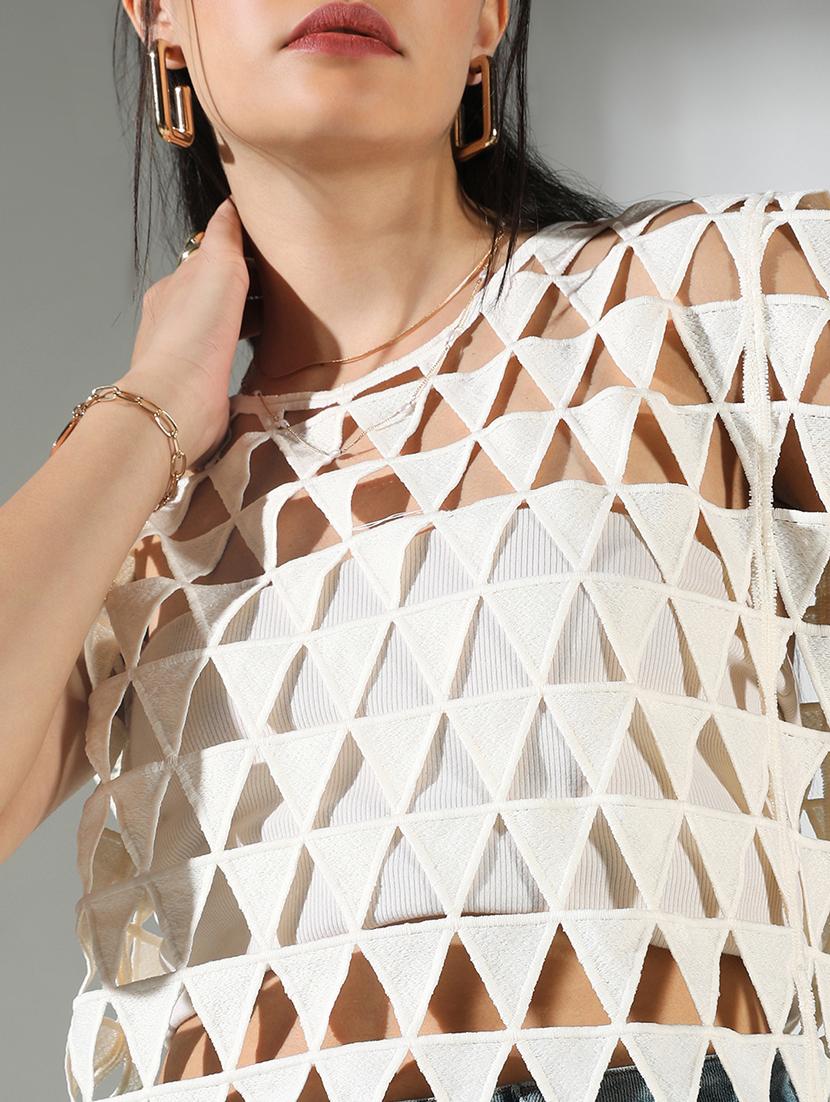 women off white solid sleeveless cutwork top - 21682258 - Standard Image - 4