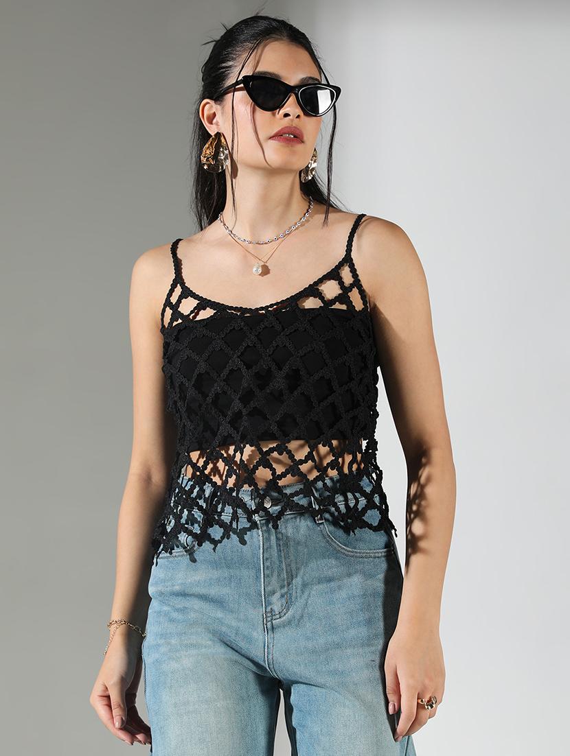 women black cut work shoulder strap sleeve top - 21682261 -  Zoom Image - 0