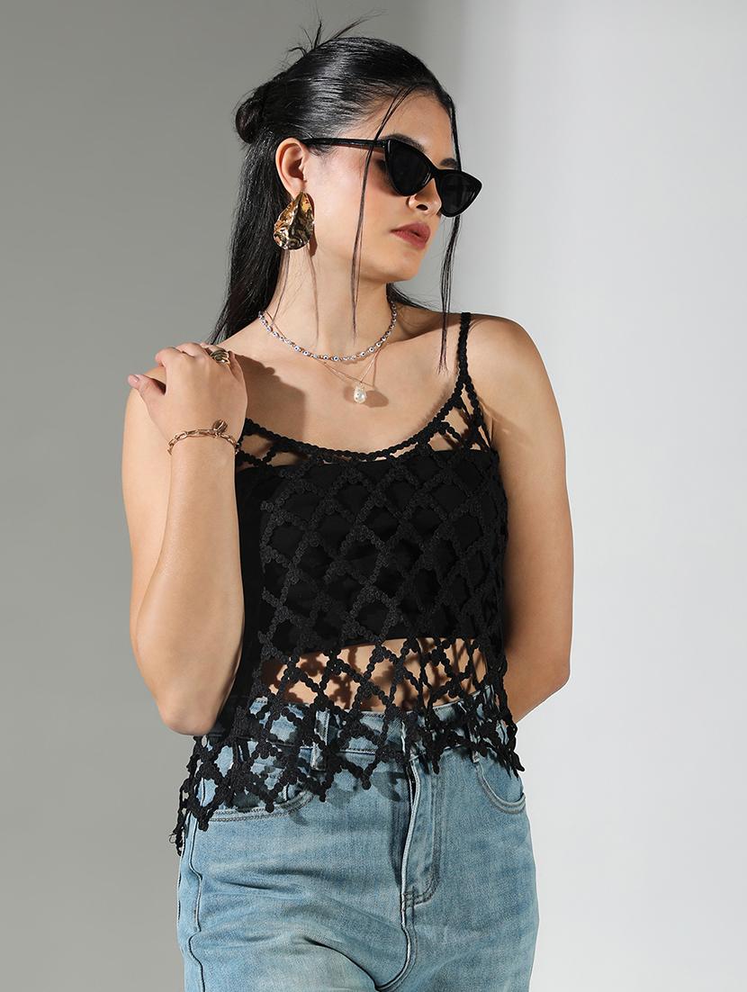 women black cut work shoulder strap sleeve top - 21682261 - Standard Image - 1