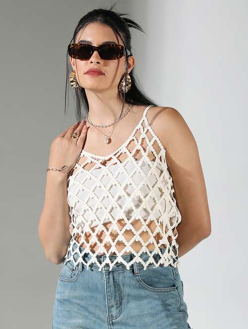 women cream cut work shoulder strap sleeve top