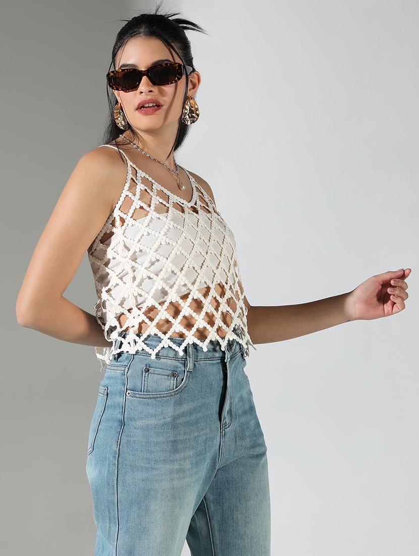 women cream cut work shoulder strap sleeve top - 21682262 - Standard Image - 1