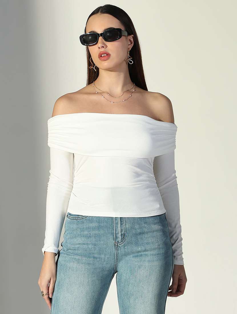 women solid off-shoulder neck regular top