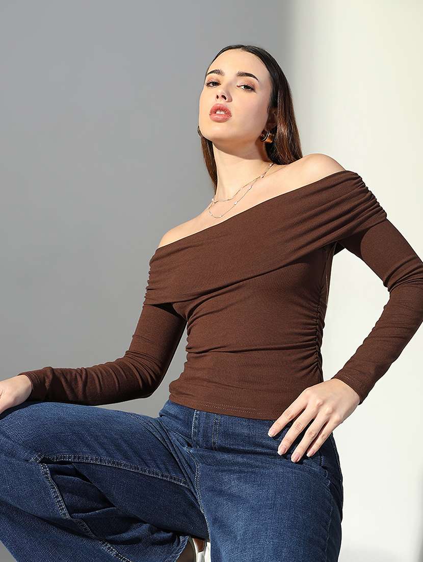 women solid off-shoulder neck regular top - 21682267 -  Standard Image - 1
