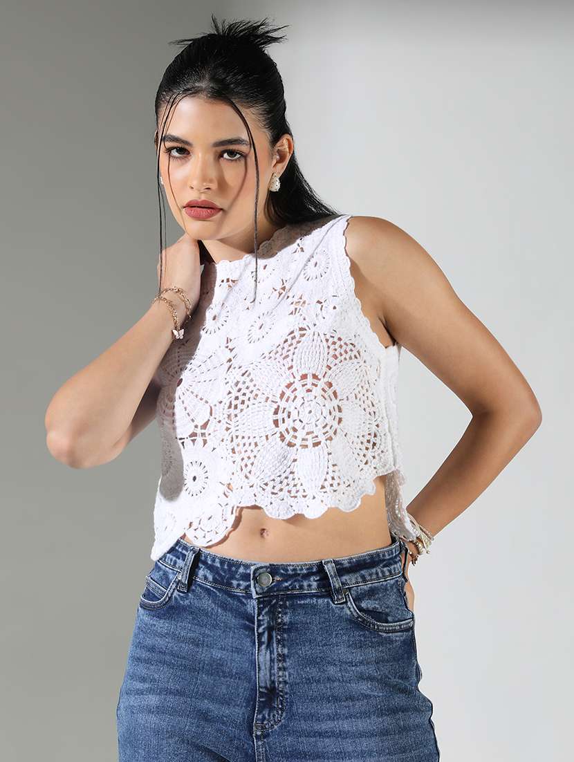 women crochet work round neck crop top