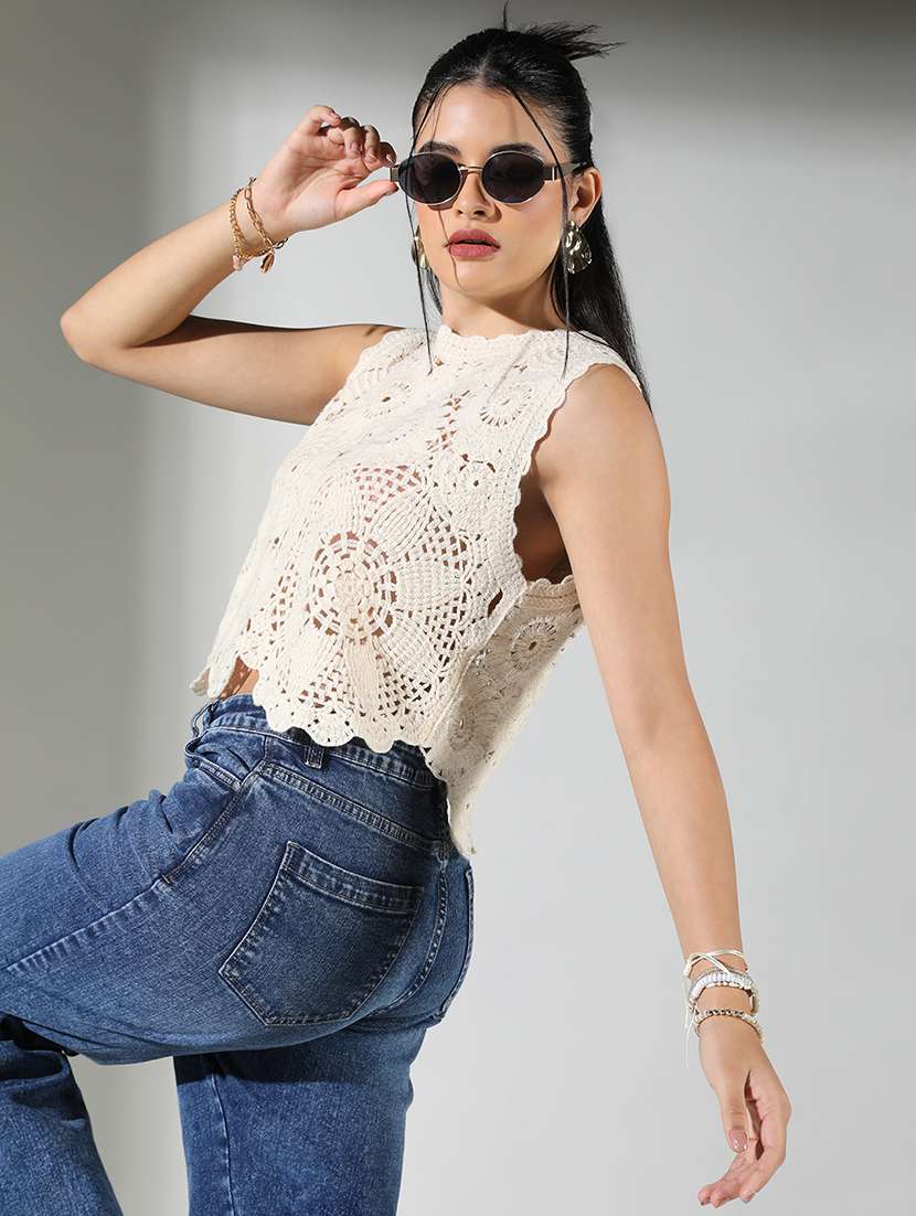 women crochet work round neck crop top - 21682269 -  Standard Image - 1
