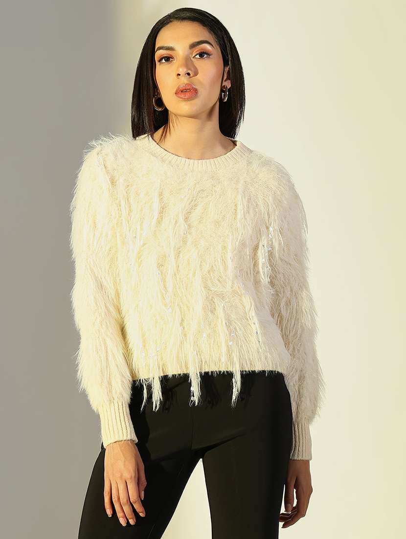 women solid fuzzy detailed long sleeve pullover