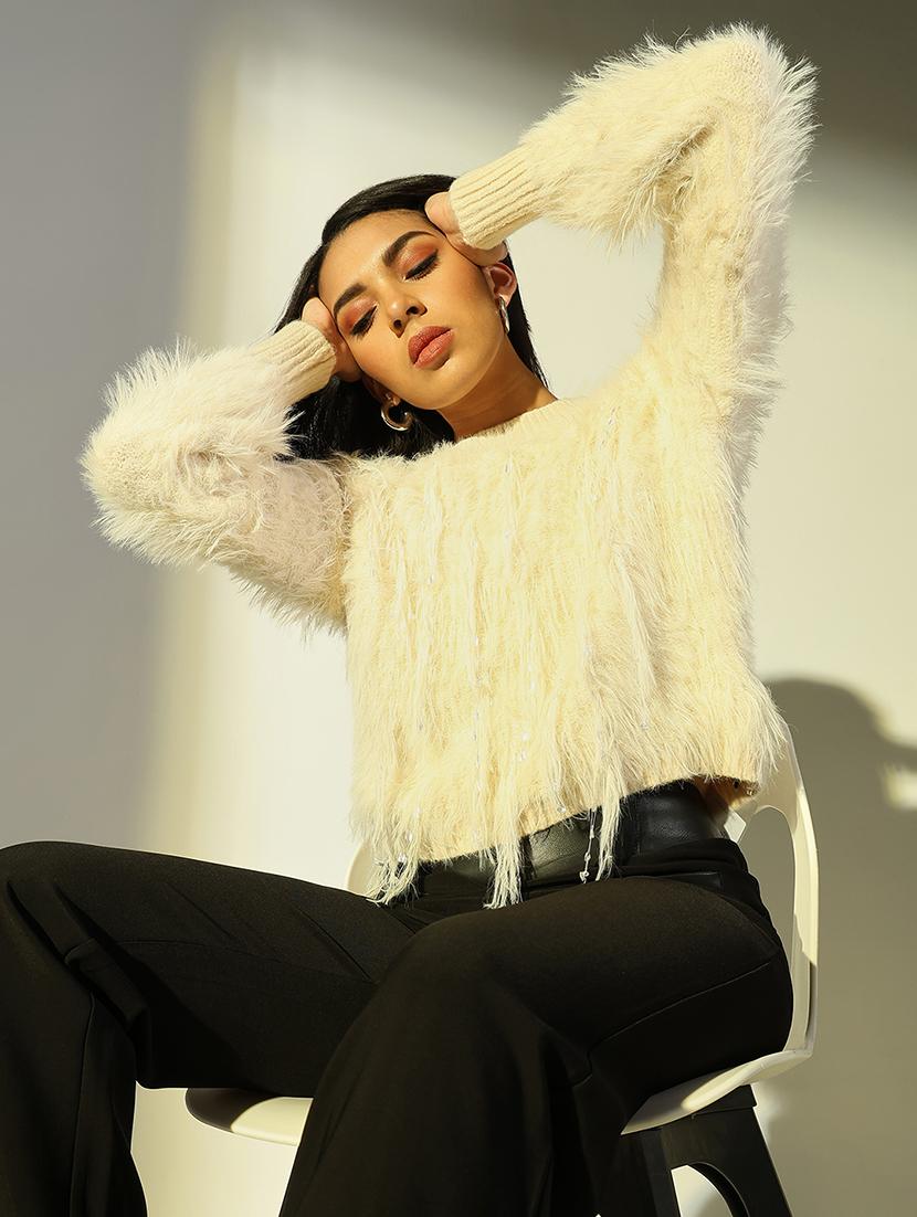 women solid fuzzy detailed long sleeve pullover - 21682278 - Standard Image - 1