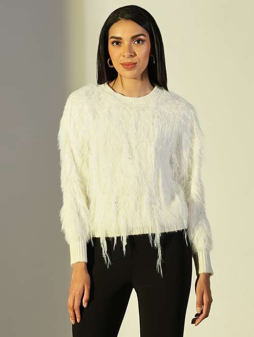 women solid fuzzy detailed long sleeve pullover - 21682279 -  Standard Image - 0