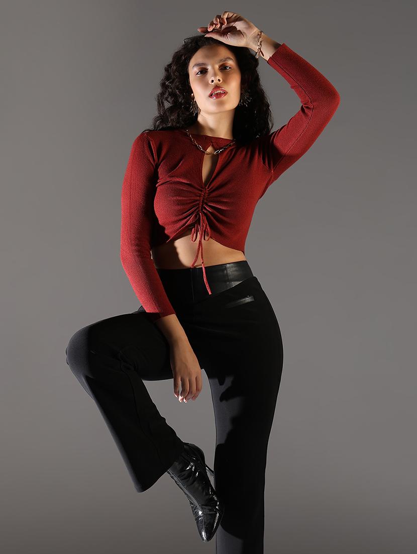 women solid long sleeve crop top - 21682298 - Standard Image - 4
