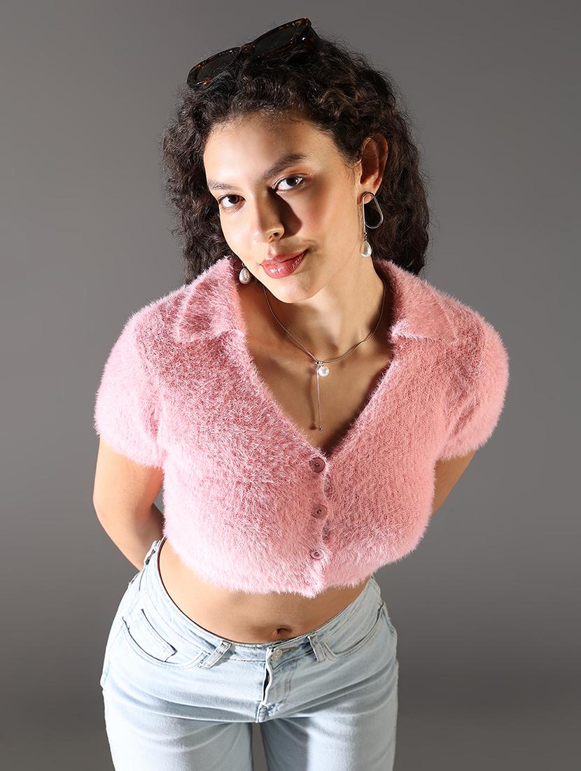 women solid short sleeves crop top - 21682300 - Standard Image - 1