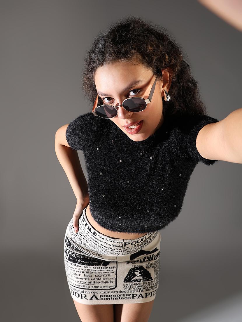 women embellished short sleeves crop top - 21682302 - Standard Image - 1