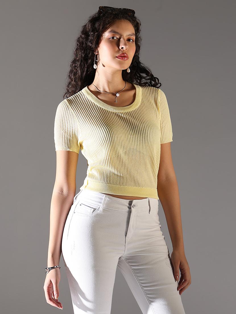 women solid short sleeves crop top - 21682304 -  Standard Image - 1
