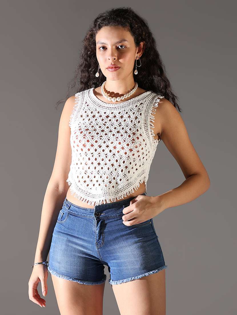 women white solid crochet work crop top