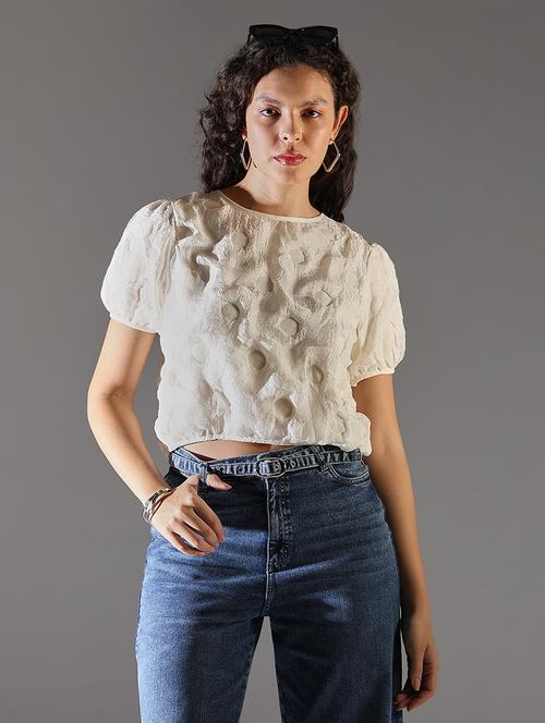 women solid puff sleeve crop top - 21682308 - Standard Image - 0