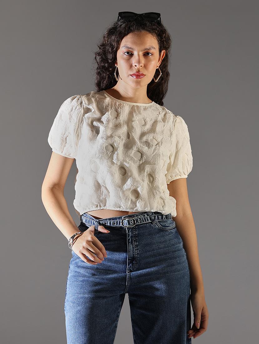 women solid puff sleeve crop top - 21682308 - Zoom Image - 0