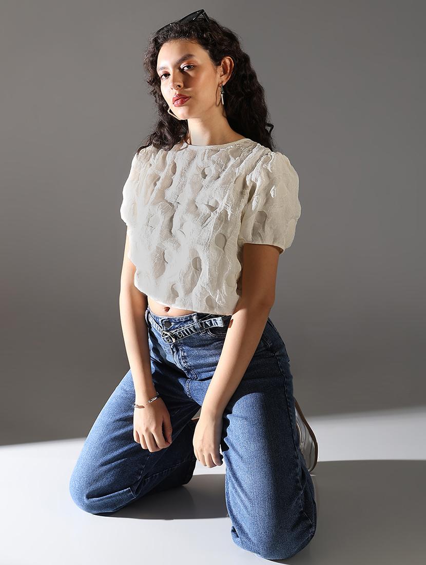 women solid puff sleeve crop top - 21682308 - Standard Image - 1