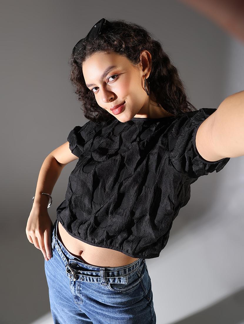women solid puff sleeve crop top - 21682309 -  Standard Image - 1
