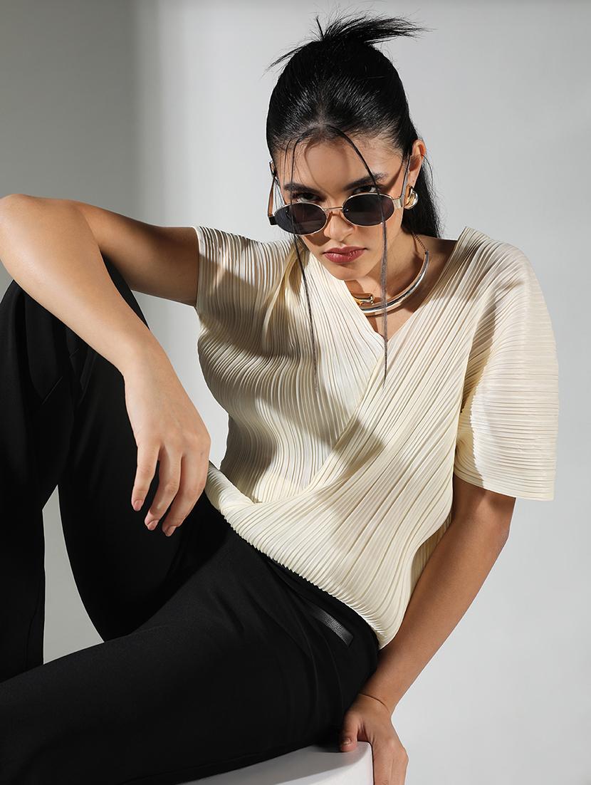 women cream solid short sleeve top - 21682318 - Standard Image - 1