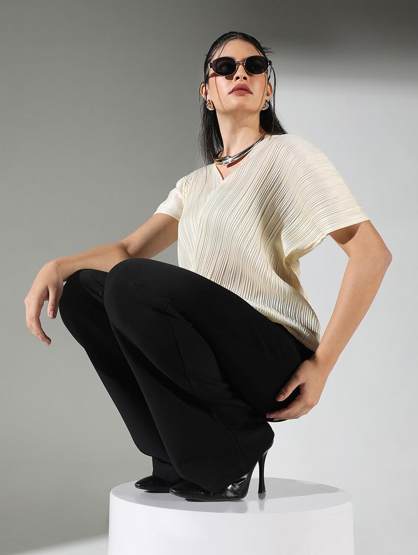 women cream solid short sleeve top - 21682318 - Standard Image - 4
