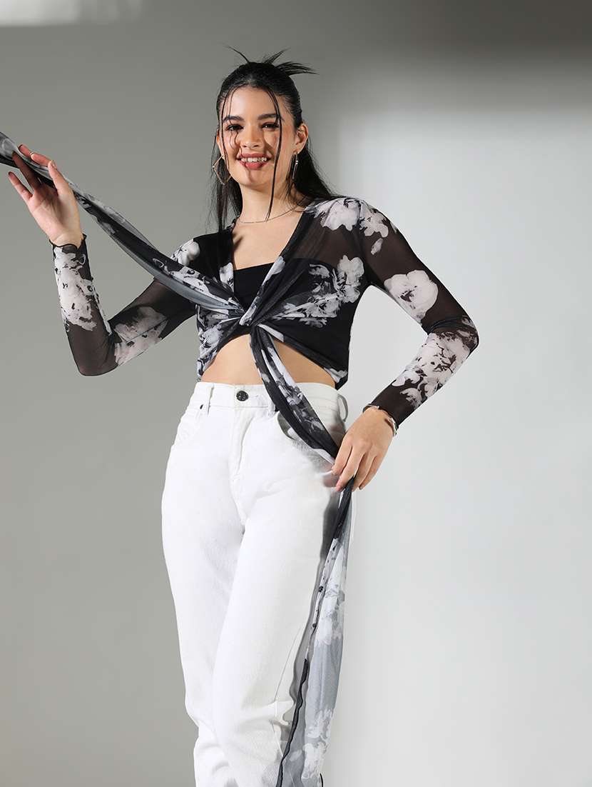 women printed long sleeve crop top - 21682320 -  Standard Image - 1