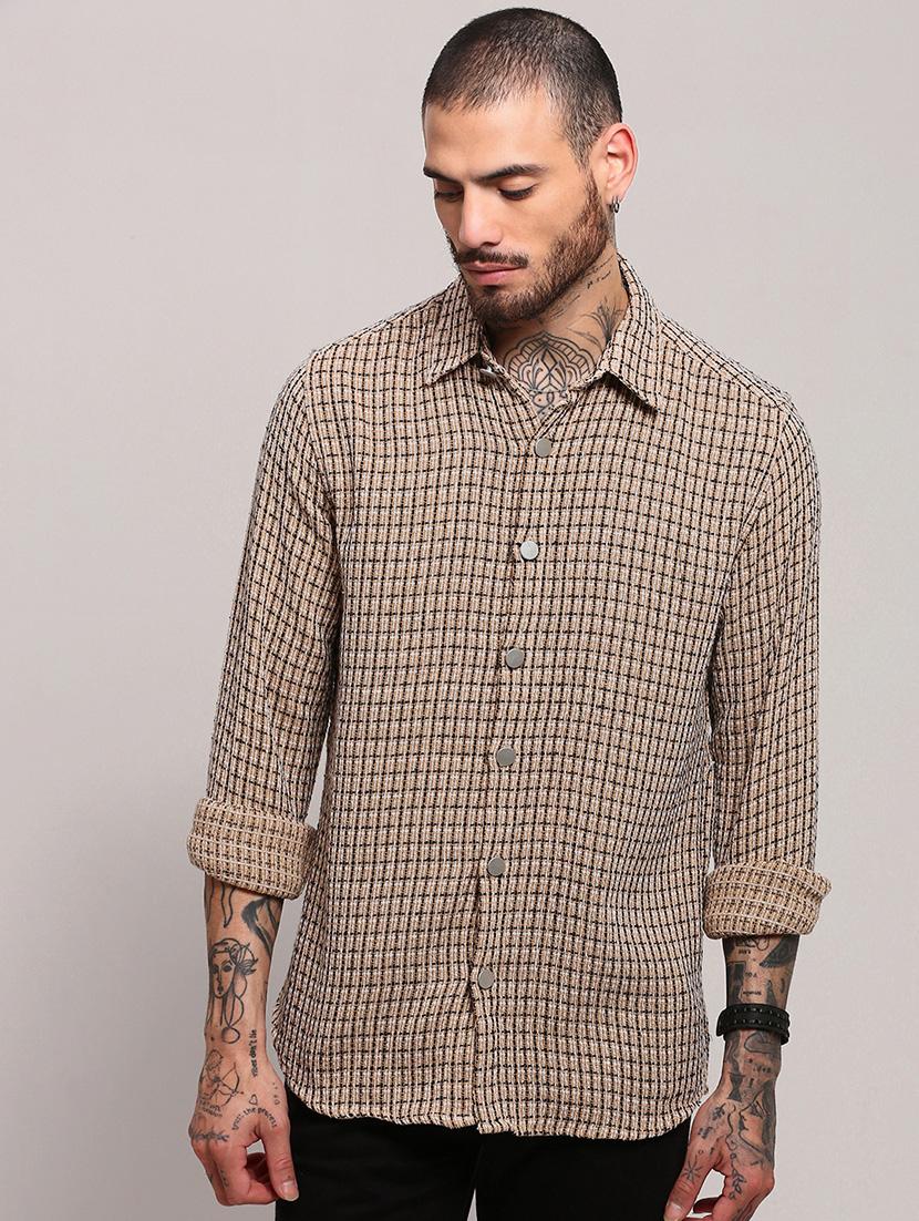 men long sleeves checkered casual shirt