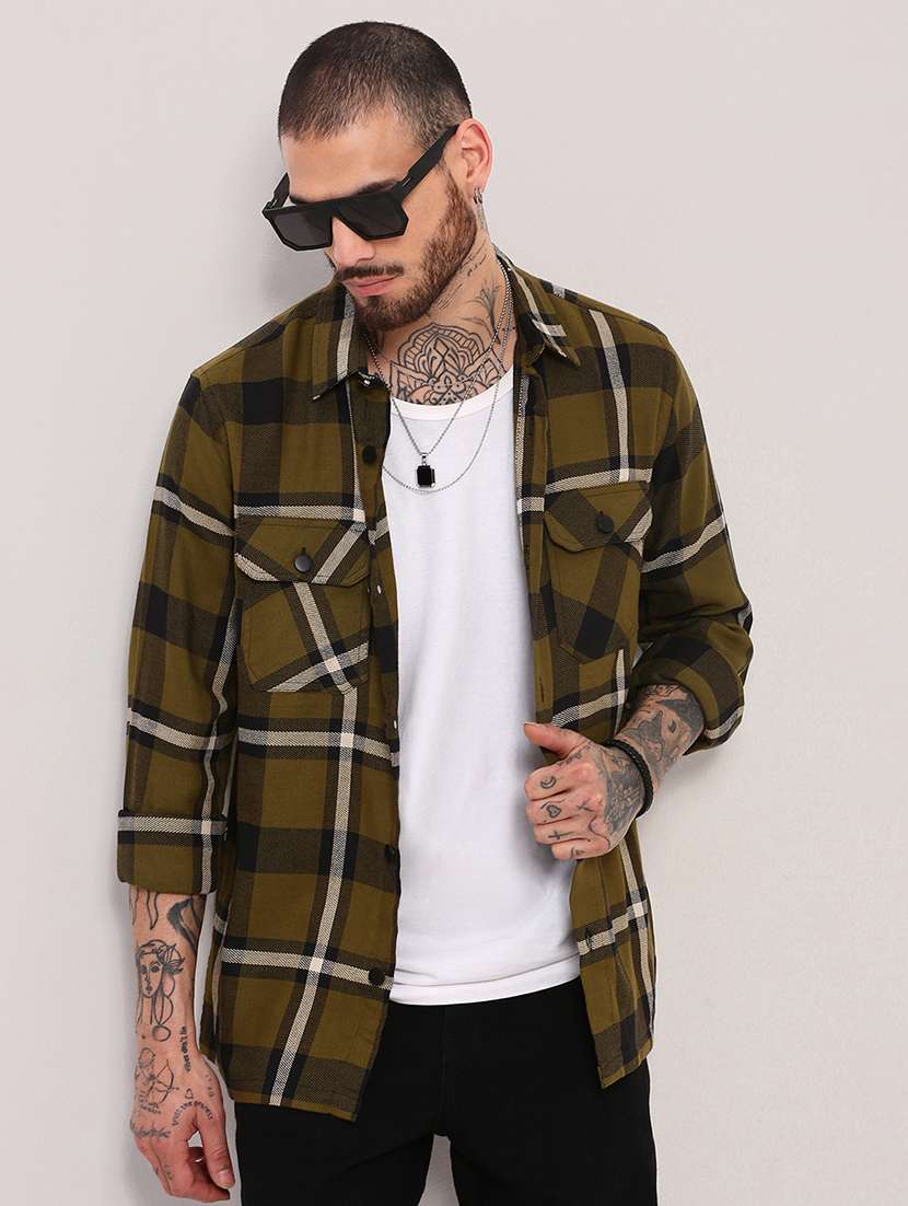men long sleeves checkered casual shirt