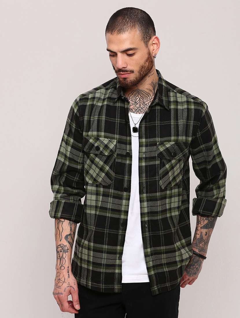 men long sleeves checkered casual shirt