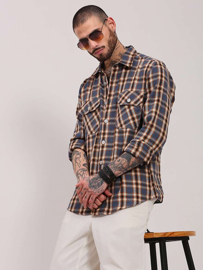 men long sleeves checkered casual shirt - 21682385 -  Standard Image - 1