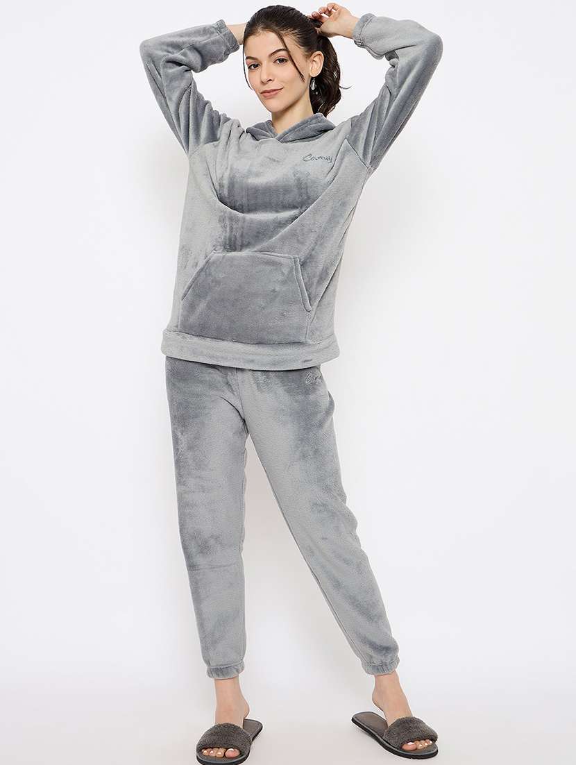 women solid hooded nightwear pyjama set - 21682609 -  Standard Image - 1